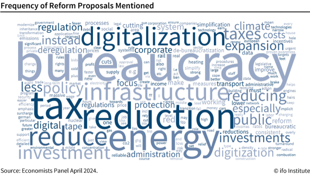 Word Cloud, ifo Institute, survey, ifo and FAZ Economists Panel, frequency of mentions of reform proposals, May 2024